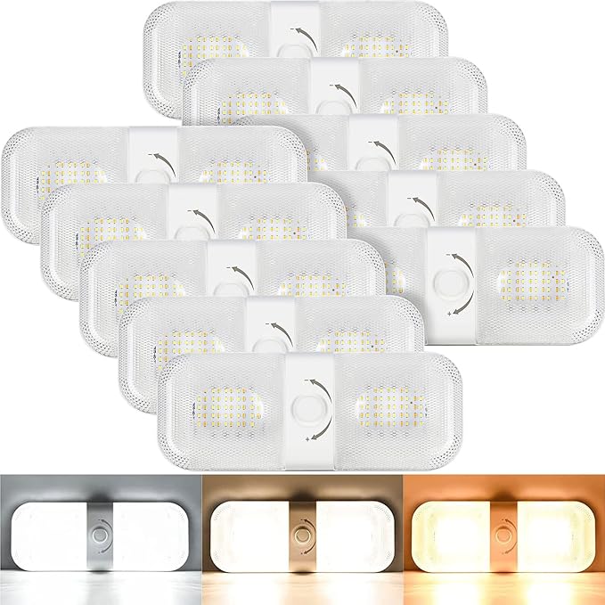 Retisee 10 Pcs RV Lights Interior 1700LM, 3 Color 12V RV LED Dome Lights Ceiling Double Lights Fixture with ON/Off for Camper/Car/Trailer/Boat, 2700-6700K