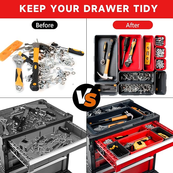 Tool Box Organizer Tray, Toolbox Desk Drawer Organizer, Tool Box Tray, Toolbox Organization Storage for Rolling Tool Chest (60PCS (Black+Red))