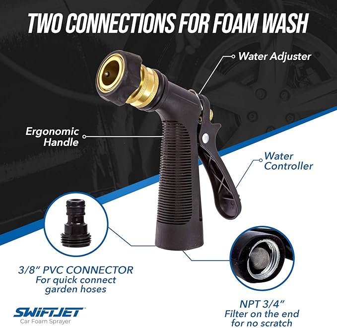 SwiftJet Car Wash Foam Gun + Microfiber Wash Mitt - Car Foam Sprayer - Car Wash Kit - Foam Cannon Garden Hose Sprayer - - Car Accessories for Men - Snow Foam Blaster (Orange Foam Gun with Mitt)
