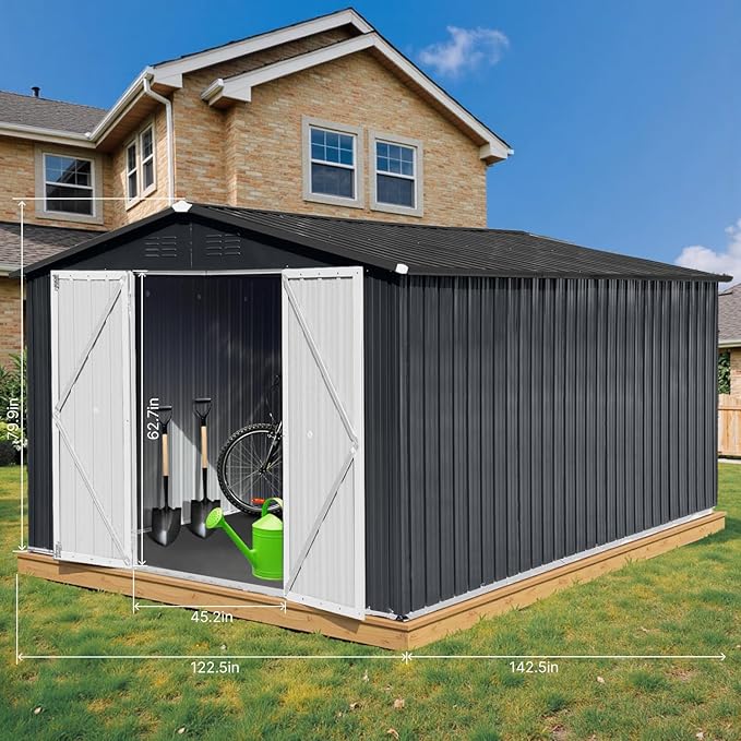 10 x 12 FT Outdoor Storage Shed, Metal Garden Tool Shed with Slooping Roof, Lockable Doors and Windows, Easy to Assemble for Garden, Patio, Lawn, Black