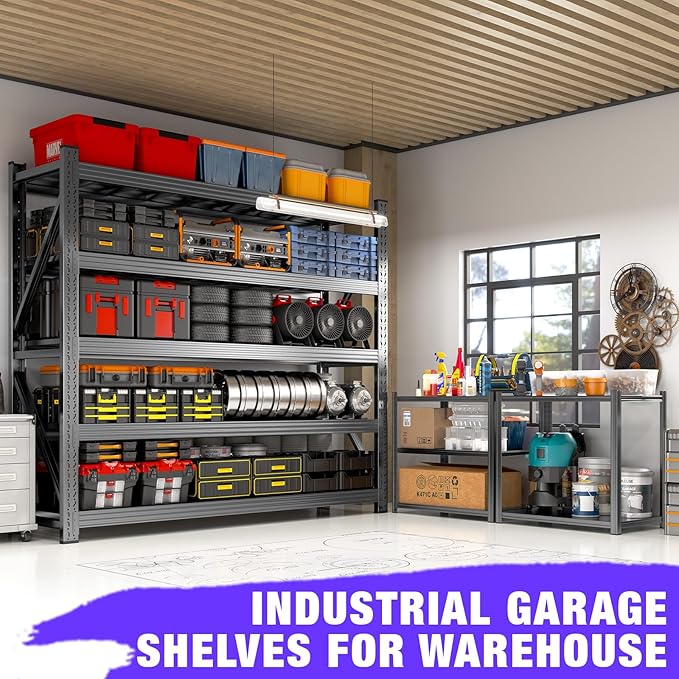 Metal Garage Shelving Heavy Duty, 5-Tier Adjustable Wire Storage Garage Shelves, 8000 LBS Loads Industrial Shelving Units for Garages, Warehouses, Kitchen, Black, 59" W x 24" D x 71" H,4 Pack
