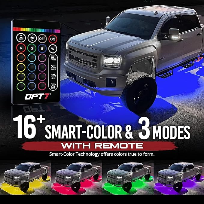 OPT7 Aura Aluminum Underglow LED Lighting Kit for Truck with Remote Control, Exterior Neon Accent Underbody Strip, Multicolor Mode, Waterproof, Soundsync, Aluminum Casing, Door Assist, Smart LED