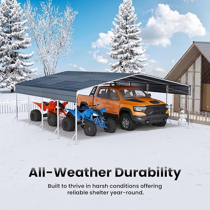 20x20ft Heavy Duty Metal Carport – Outdoor Galvanized Garage, Sturdy Structure, All-Weather Protection, Easy Assembly for Cars, Trucks, Boats, Tractors, and Outdoor Storage (Grey, 20x20FT)