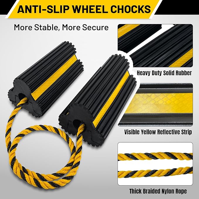 ROBLOCK 2 Pairs Wheel Chocks Heavy-Duty Rubber Wheel Block Non-Slip Base with Nylon Rope Yellow Reflective Tape - 4 Pack Wheel Stopper for Travel Trailers, Car, Camper, Truck, Black