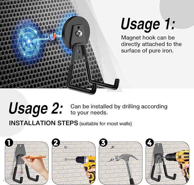 3Pcs Heavy Duty Storage Magnetic Utility Hooks Large Garage Strong Extra Magnet Hooks Hanger with Anti-Slip Coating Heavy Duty Magnetic Hooks for Hanging Power Dril Garage Garden Tools Black