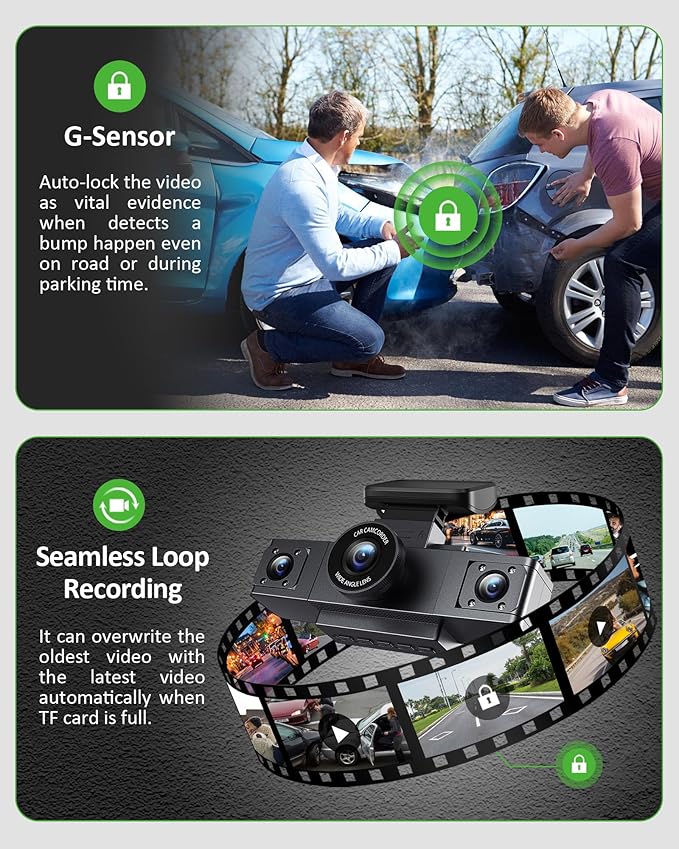 3 Channel 1080P Dash Cam Front and Inside Left/Right, Free 32G Card, Dash Camera Loop Recording, Triple Camera for Cars 24 Hours/7 Parking Monitor, Wide Angle, IR Night Vision, with G-Sensor, Black