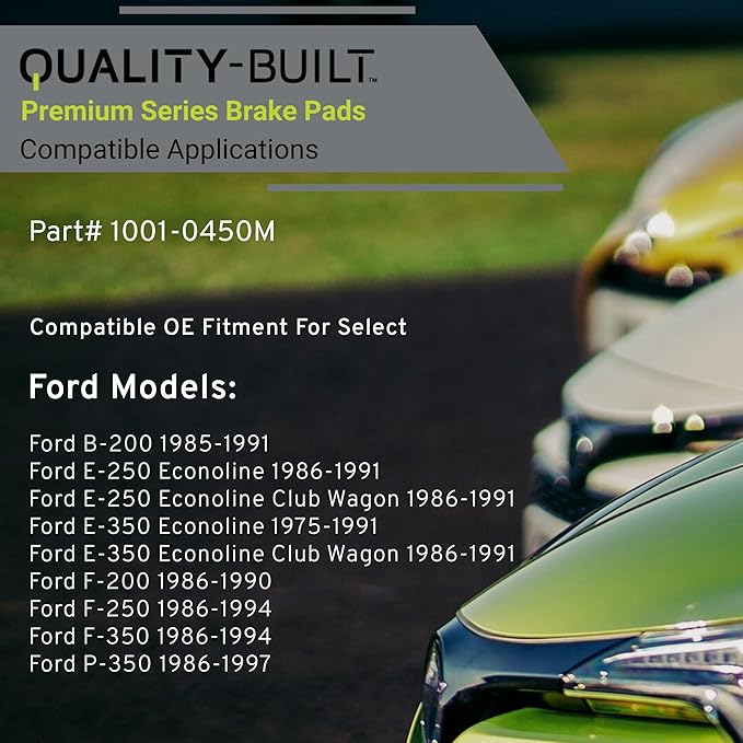 Premium Semi-Metallic Front Brake Pads (1001-0450M) Compatible with 1975-1997 Ford (B-200/E-250 Econoline/E-250 Econoline Club Wagon/E-350 Econoline/F-200/F-250/F-350/P-350 & More)
