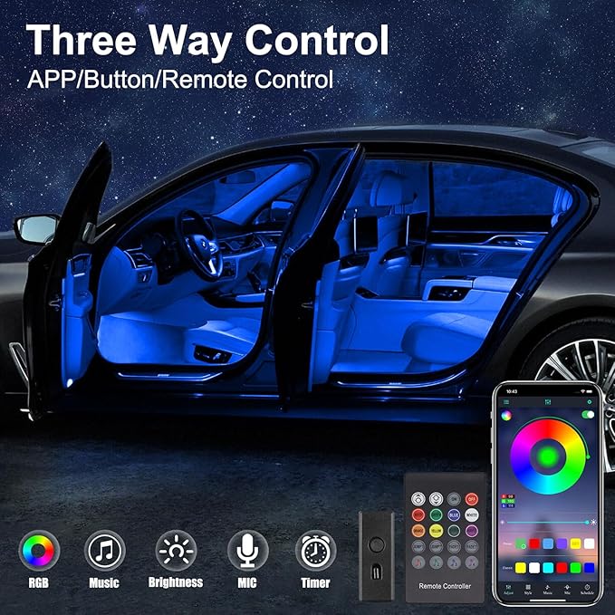 Interior Car LED Strip Lights with Wireless APP & Remote Control, RGB 2 in 1 Car Ambient Lighting Kit with 158 Inches Fiber Optic, Inside Neon Dash Strip with Music Mode