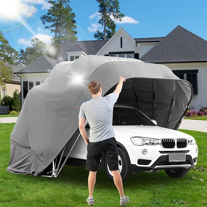 Stainless Steel Carport, Foldable Retractable Garage, Heavy Duty Mobile Carport, Semi-Automatic Outdoor Shelter, All-Weather Weatherproof RV Cover, for Parking Lot, Yard, Grey