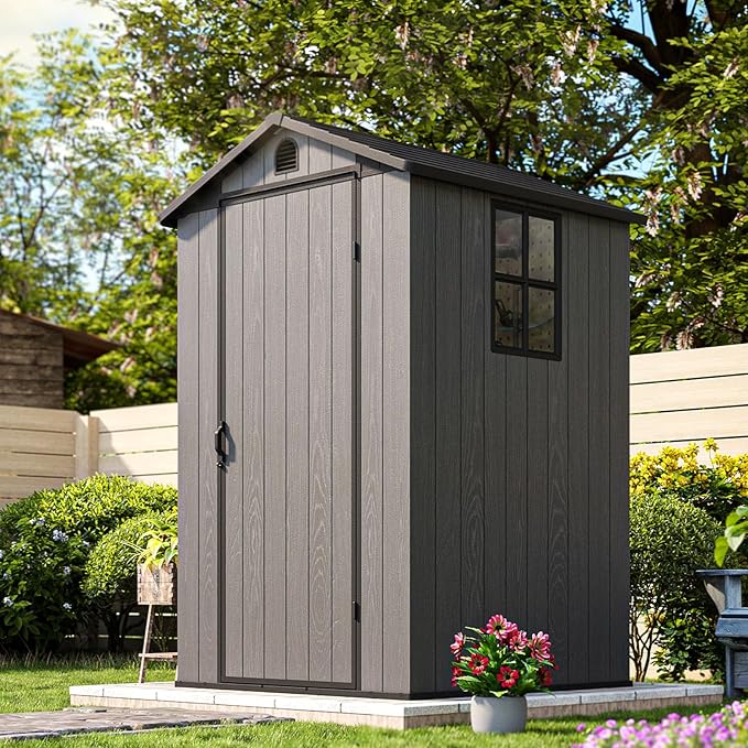 Patiowell 4' x 4' Plastic Outdoor Storage Shed with Floor, Resin Outside Tool Shed with Window and Lockable Door for Backyard Garden Patio Lawn, Gray (Fit-it Shed)