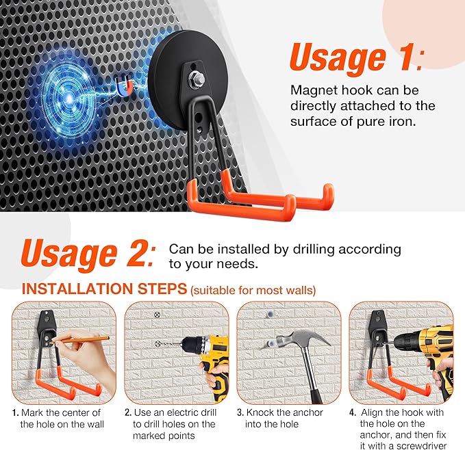 2Pcs Large Strong Magnetic Hooks for Hanging Heavy Duty, 3.5in Neodymium Magnet Storage Utility Hooks, Steel Long Magnetic Holder/Hanger Hook Organizer for Hanging Garage/Garden/Power Tools