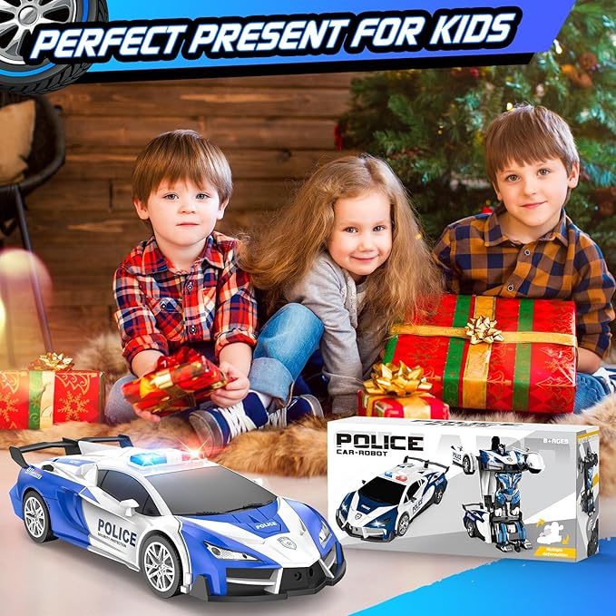 Remote Control Car for Boys 4-7, 2.4GHz RC Car 1:18 Scale, One-Button Transforming Toy with 360° Spins, LED Lights (Blue)