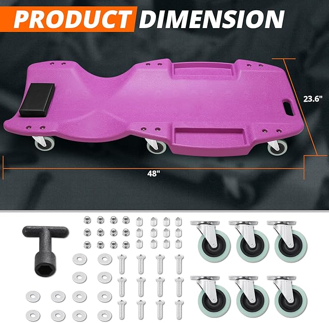 DNA MOTORING 48 Inches Heavy-Duty Low-Profile Roller Automotive Creeper with Padded Headrest, Purple, TOOLS-00239-PR