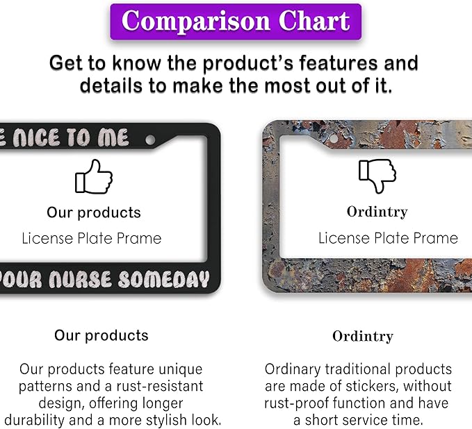 License Plate Frames Black and White License Plate Frame Be Nice to Me I May Be Your Nurse Someday Universal Aluminum Car Accessory 2 Pack with Screw Covers Set