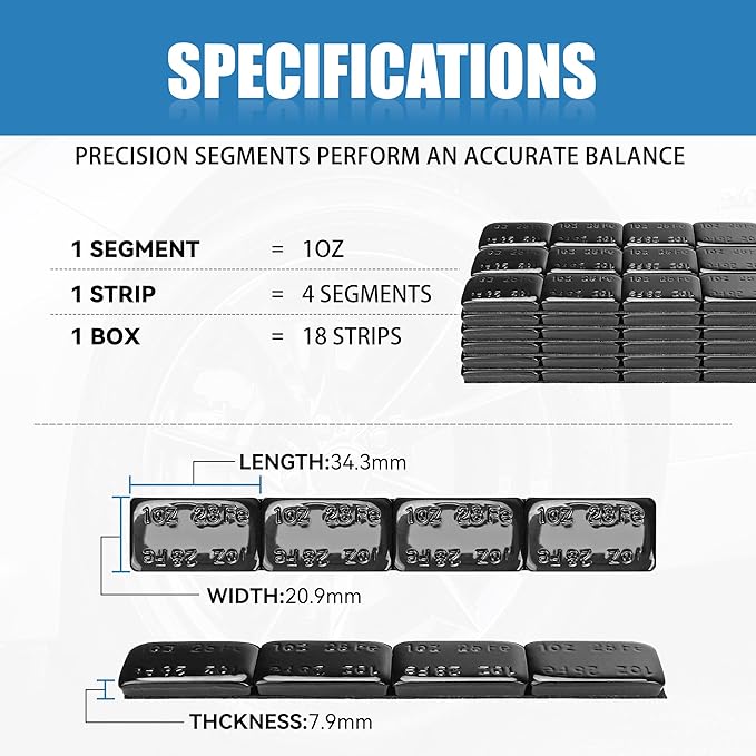 1oz Adhesive Wheel Weights, 1 oz Black Stick on Wheel Weights,A Box of 18 Strip, 4 Segments one Piece (72 Oz Pack)