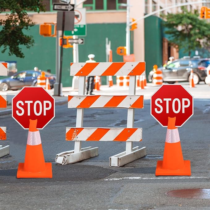 Geetery 6 Pcs Stop Signs 12 x 12 Inches PVC Traffic Cones Top Warning Signs Double Sided for Street Road Barricade Outdoor Weather Resistant Construction