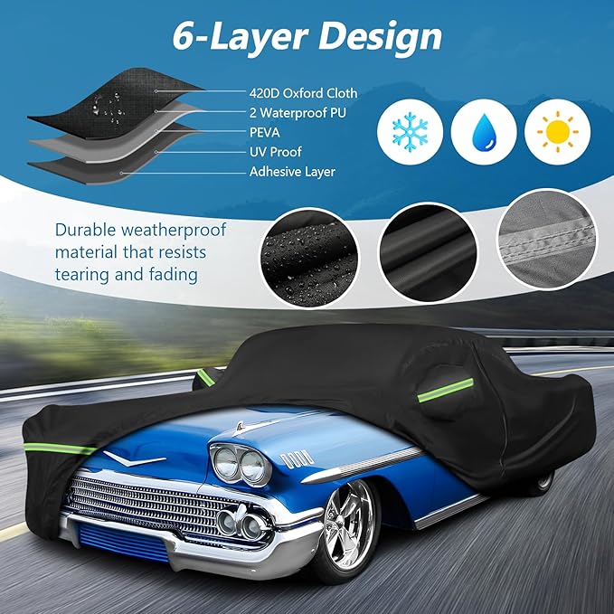 Waterproof Car Covers for Chevy Impala 2-Door/Bel Air/Biscayne 2/Sedan/Coupe 1958-1970,420D Oxford Cloth Sun Heat Protection Outdoor Covers with Driver Side Zipper Windproof Heavy Duty All Weather