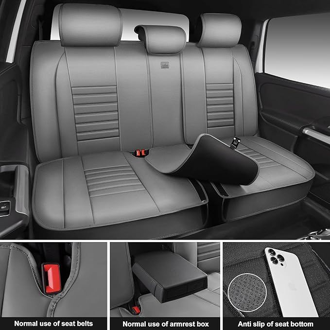CAR PASS Nappa Leather Car Seat Covers Full Set, Luxury Seat Protector for Cars, Waterproof Anti-Slip Car Seat Cushion Armrest Compatible Airbag Universal for Sedan SUV Pick-up Truck Automotive, Gray