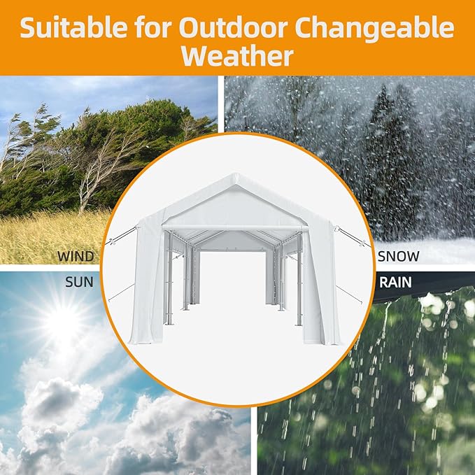 12x20ft Heavy Duty Carport Outdoor Canopy Portable Garage with 4 Doors & 4 Windows Waterproof UV Resistant Storage Shelter with Removable Sidewalls for Car Truck Boat, White