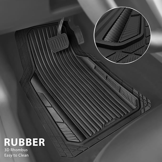 CAR PASS Heavy Duty Rubber Car Mats Metallic,Aluminum Film All Weather Floor Mats Waterproof Universal Trim to Fit SUVs Sedans Vans 4 Piece Anodized Deep Dish Two-Tone Sporty Carbon Fiber Black Chrome