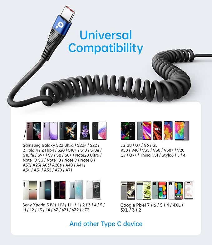 USB C Cable 100W 3FT Coiled USB C to USB C Charger Cable for Car, 2Pack Short Type C Cable Fast Charging Cable for iPhone 16/15/Pro/Plus/Pro Max/Samsung Galaxy S23, Compatible All Type C Devices,Blue