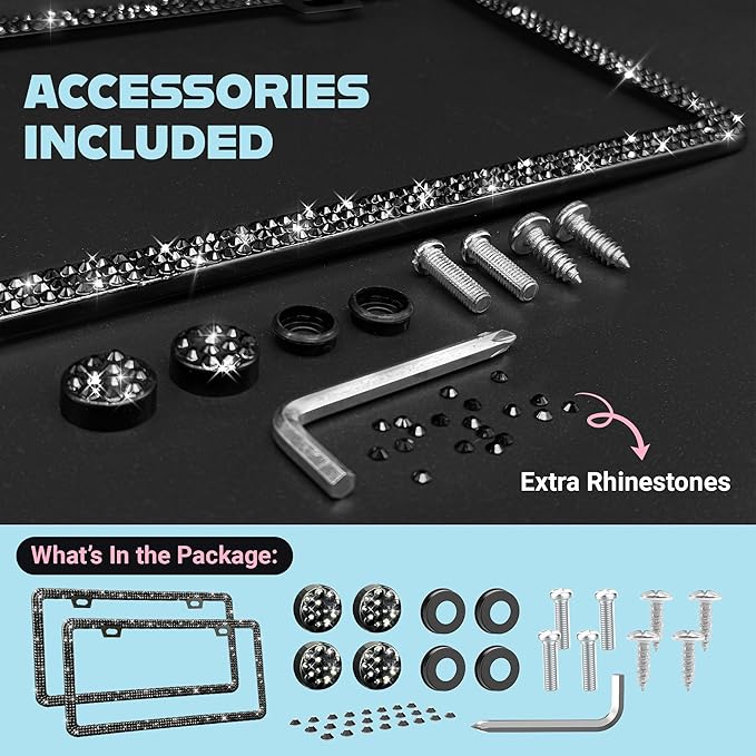 Elegant Bling License Plate Frames for Women - 2 Pack, 1600 Premium Black Rhinestones, Rust-Free Stainless Steel, Street Legal Slim Design, Sparkly Diamond Car Tag Holders with Glitter Crystal Covers