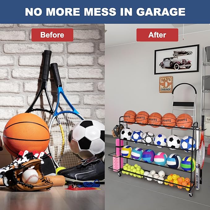 Basketball Rack, Shooting Training Rolling Ball Stand, Garage Organizer with Wheels, 4-Layer Sports Equipment Storage Holder with Baskets and Hooks for Soccer Baseball Footballs Volleyball