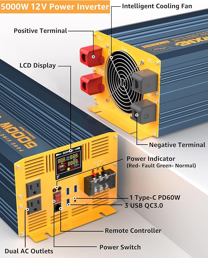 5000 Watt Power Inverter Pure Sine Wave 12V DC to 110V 120V 10000W Peak Heavy Duty Inverter with Remote Control and LED Display, 4 USB/Type-C Ports & 2 AC Outlets Car Charger for Vehicles RV