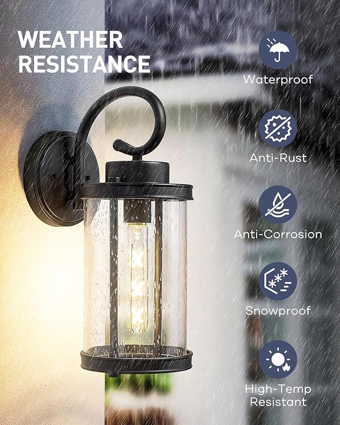 kudos Porch Lights Outdoor, 15.8 inch Large Cylinder Wall Light, E26 Sockets, Anti-Rust Waterproof Light Fixtures Wall Mount for Patio, Black with Seeded Glass, KDOWL01-BK-L