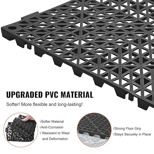 VEVOR Interlocking Tile 50PCS Black, Drainage Tiles 12" x 12" Splicing, Soft PVC Interlocking Drainage Floor Tiles, Non-Slip Drainage Holes for Restroom, Bathroom, Kitchen, Pool, Wet Areas