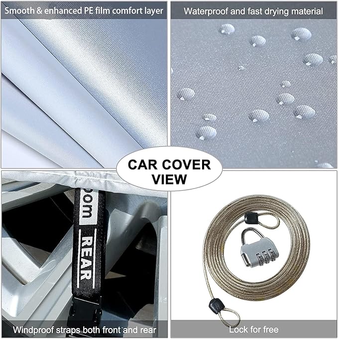 Tecoom Car Cover Waterproof All Weather for Automobiles, Light Shell Waterproof UV-Proof Windproof Design Car Cover with Zipper Storage and Lock for All Weather Indoor Outdoor Fit 191-200 Inches Sedan
