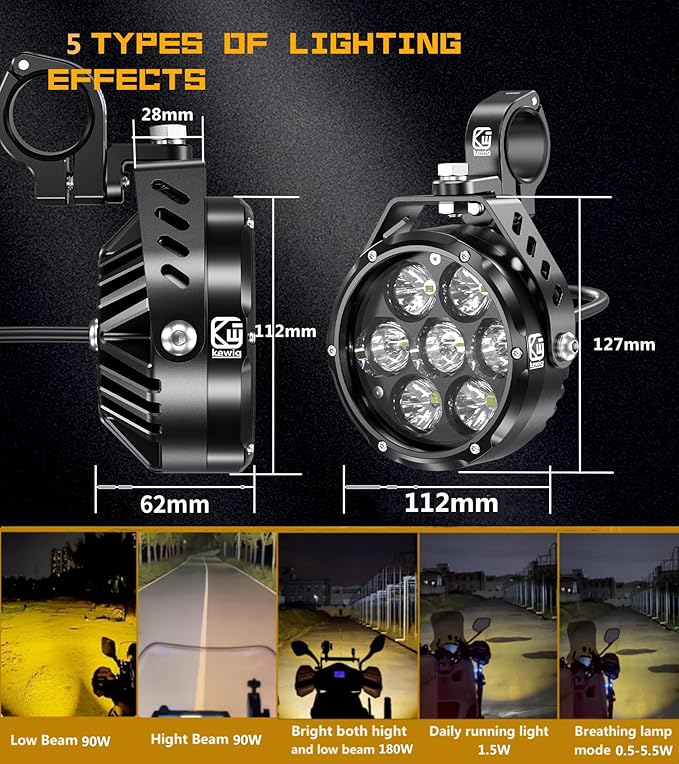Kewig 4.5 Inch Motorcycle Auxiliary LED Fog Light 90W Amber White Driving Spotlight Kit With Mount Brackets Wire Harness Waterproof Offroad Fit for Motorcycle Jeep Car Truck