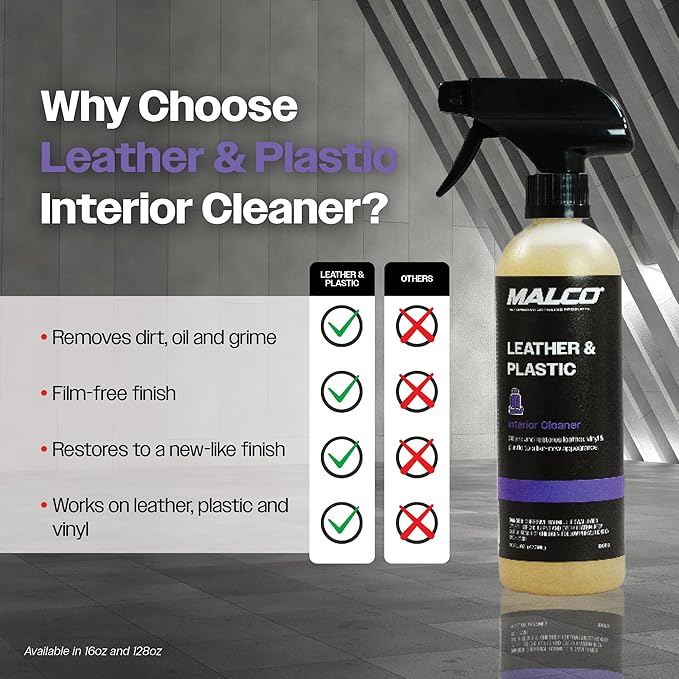 Malco Leather & Plastic Cleaner – Penetrates Deep to Remove Dirt, Grime and Oily Soils/Restores Leather, Plastic and Vinyl/Leaves Surfaces Clean, Shiny and Film-Free / 1 Gallon (100101)