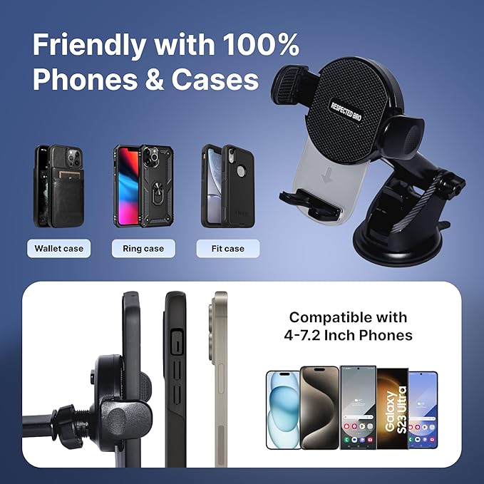 Universal-Car-Phone-Holder-Mount - Cell Phone Holder for Car, Dashboard and Windshield Mount, Air Vent car, Secure Phone Holders for Your Car, Compatible with All Smartphones