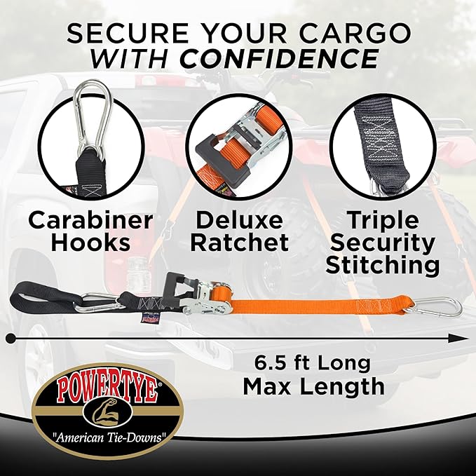 PowerTye 1.5in x 6.5ft Heavy Duty Ratchet Tie-Down Straps with Soft-Tye and Carabiner Hooks - 1,000 lb Working Load Limit / 3,000 lb Breaking Strength - Made in USA - Black/Black Pair