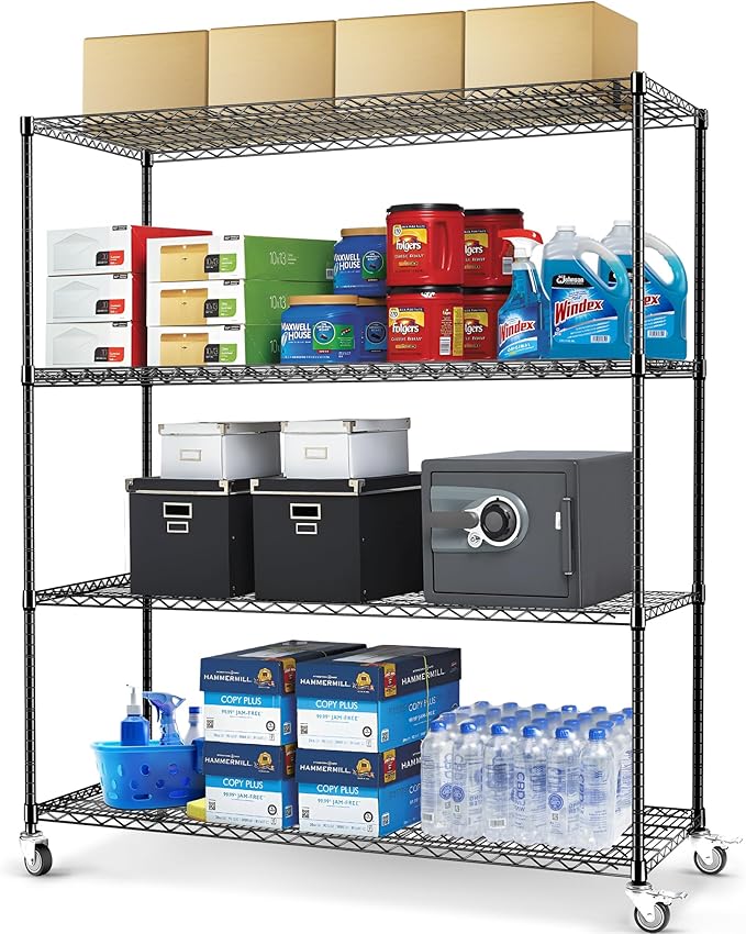 Rengue 4-Tier Wire Shelving with Wheels, 60"x 24"x72" Metal Storage Shelves, Heavy Duty Garage Storage Shelves, Chrome 2400LBS Capacity Wire Shelf Rack for Restaurant, Garage, Pantry, Black