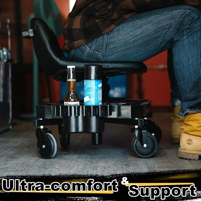 Rolling Stool with Wheels, Adjustable Height Pneumatic Garage Work Mechanic Stool Seat with Backrest, 400 LBS Capacity 360° Swivel Mechanic Crepper Chair with Tool Tray Storage, Yellow