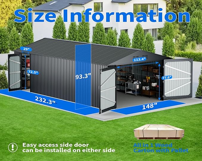 20 x 13 FT Outdoor Storage Shed, Metal Garage Shed with 2 Lockable Doors, Large Metal Building with 4 Air Vents, Galvanized Steel Prefab Storage House for Car, Truck, Bike, Tool, Dark Gray (Upgrade)