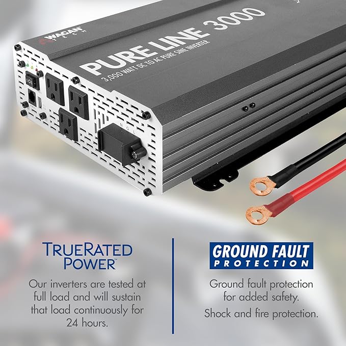 Wagan EL3810 Pure Line 3000 watt Power Inverter 6000 Watt Peak Surge Power DC 12V to 110V AC Car Inverter ETL Certified