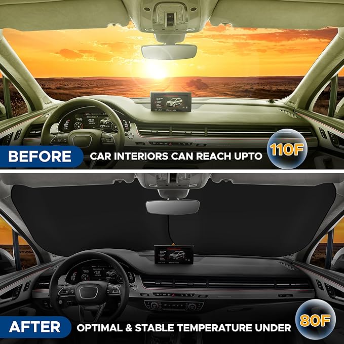 EcoNour 2 Piece Sunshade for Car Windshield | Durable 240T Polyester Car Windshield Shade Blocks UV Rays | Sun Protection for Front Window | Small (29 in*24 in)