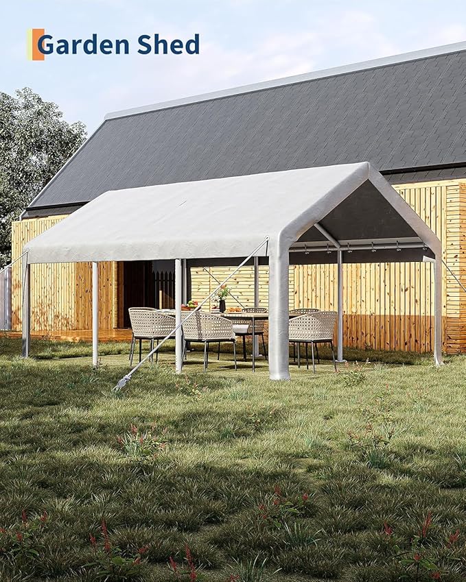 12 x 20ft Heavy-Duty Carport Canopy with Roll-Up Windows & DoorsThickened Wind Ropes, Ground Nails, Portable Car Tent Garage for Cars, Trucks, Boats, 180G Durable Tarp Cover,White