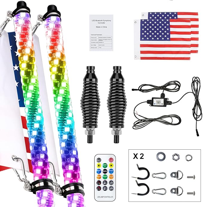 3FT-2 PC Spiral RGB LED Whip Light RGB Chasing/Dancing Light RF Remote Control Lighted Whip Lights for UTV, ATV, Off Road, Truck, Sand, Buggy Dune, RZR