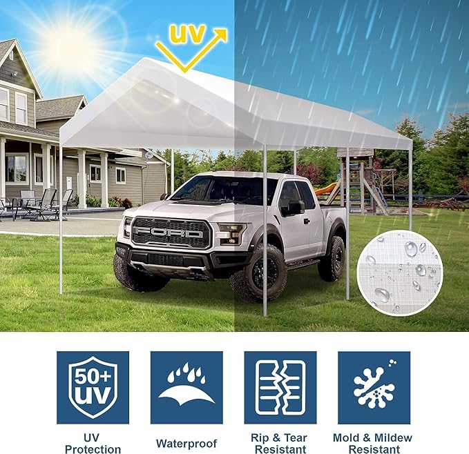 10' x20' Upgraded Carport Replacement Canopy Cover for Car Garage Shelter Party Tent with Ball Bungees White (Only Top Cover, Frame is not Included)