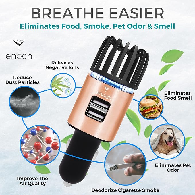 Enoch Car Air Purifier Premium Air Ionizer - 12V Plug-In Ionic Ozone Deodorizer Accessory with Dual USB Car Charger - Eliminates Cigarette Smoke, Pet and Food Odors, Dust (Rose Gold)