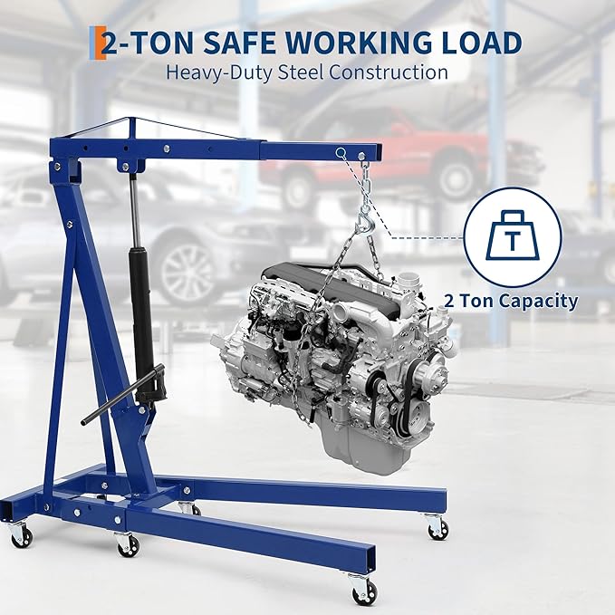 Engine Hoist Cherry Picker, 2 Ton Folding Hydraulic Engine Hoist with Telescopic Boom & 6 Casters, Heavy Duty Shop Crane Lifting Cherry Picker for Workshops Garage, Blue