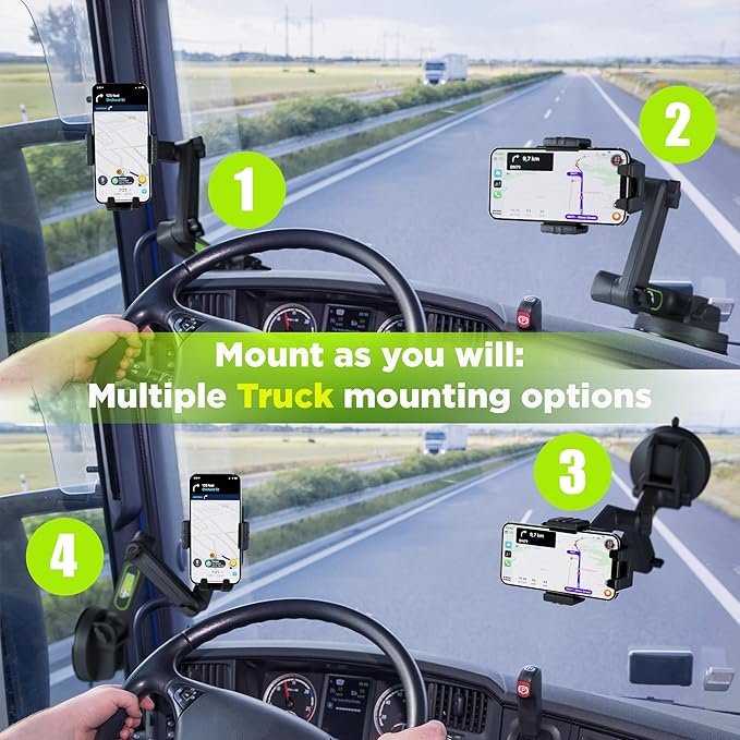 Phone Mount for Truck Phone Holder for Truck - Heavy Duty Suction Cup + Dashboard Pad, Mobile Device Holder for Dashboard Window 16.9 inch Long Arm, iPhone Samsung Compatible, Big Rig Trucker, Black
