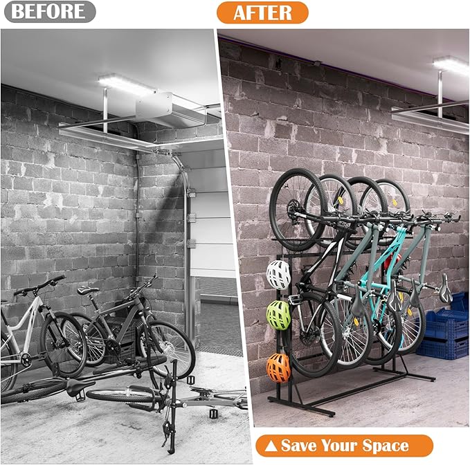 OYEAL Bike Rack Garage Floor Bike Storage Stand with 6 Hooks, Indoor Vertical Bicycle Organizer for 3 Adult Mountain/Road &1 Kids Bikes, Max Tire Width 2.6”, Black