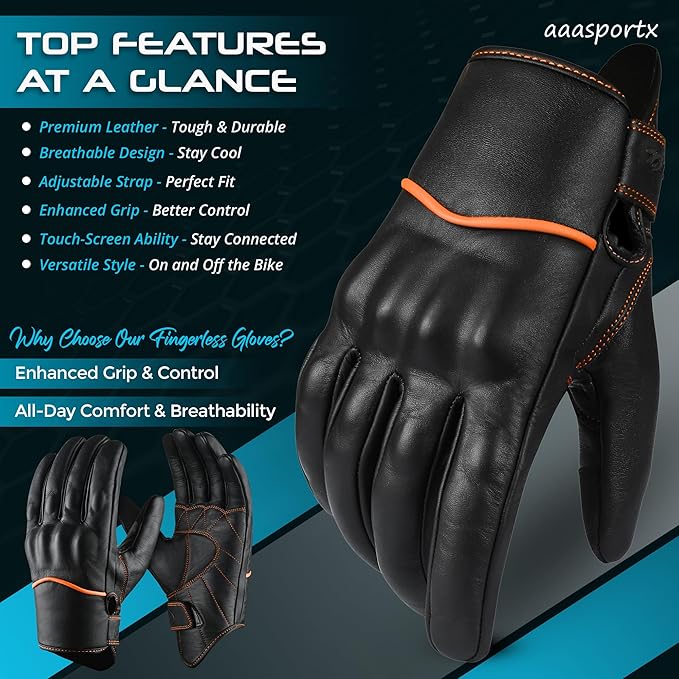 aasportx Motorcycle Gloves - Men's Leather Motorbike Gloves with Touchscreen Function - Non-Slip Pads for Men & Women