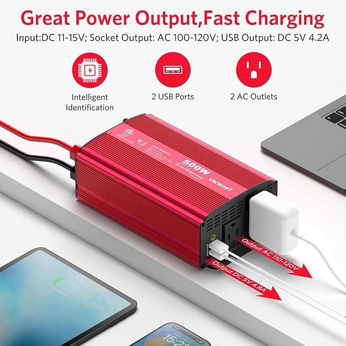 500W Pure Sine Wave Power Inverter, DC 12V to 110V AC Car Plug Inverter Adapter with 4.2A Dual USB Charging Ports and 2 AC Outlets Car Charger (Red)