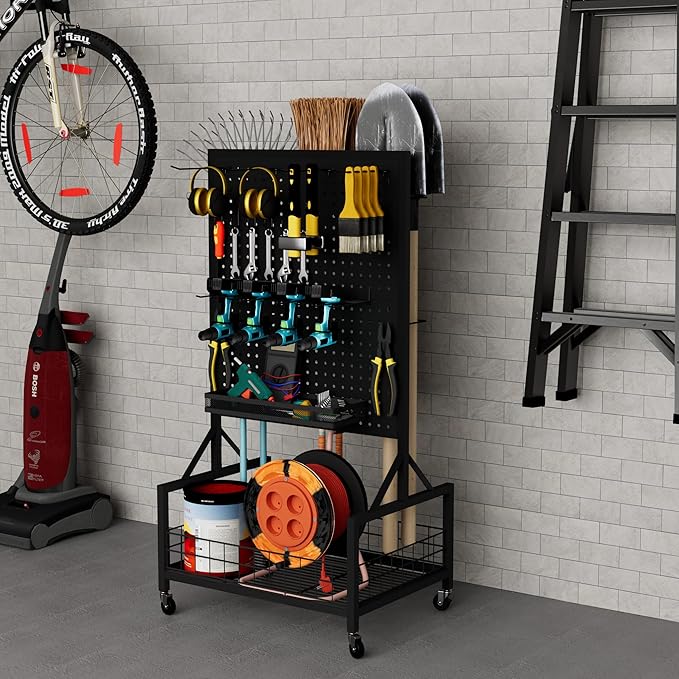 All-in-One Garage Storage Cart with Locking Wheels – Heavy-Duty Tool Organizer with Rack, Pegboard & Hooks & Accessories – Ideal for Garage, Garden, Yard – Utility Cart with Versatile Storage